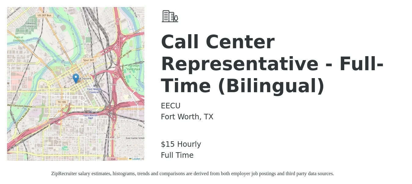 EECU job posting for a Call Center Representative - FullTime (Bilingual) in Fort Worth, TX with a salary of $25,472 to $35,850 Yearly with a map of Fort Worth location.