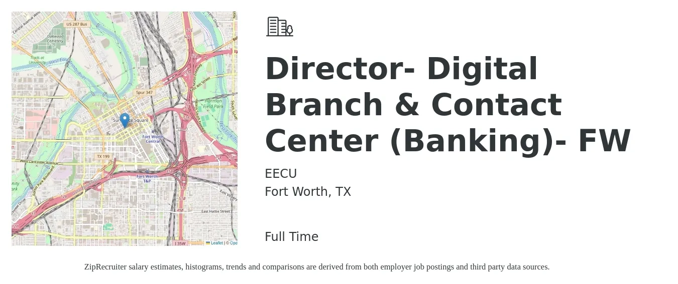 EECU job posting for a Director- Digital Branch & Contact Center (Banking)- FW in Fort Worth, TX with a salary of $93,400 to $143,600 Yearly with a map of Fort Worth location.