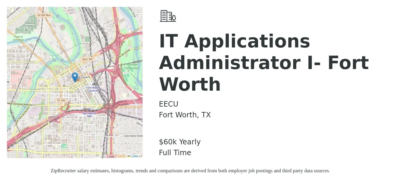 EECU job posting for a IT Applications Administrator I- Fort Worth in Fort Worth, TX with a salary of $60,000 Yearly with a map of Fort Worth location.