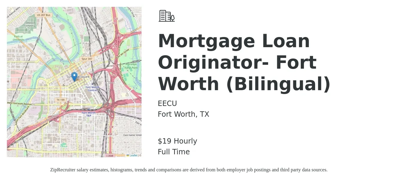 EECU job posting for a Mortgage Loan Originator- Fort Worth (Bilingual) in Fort Worth, TX with a salary of $20 Hourly with a map of Fort Worth location.
