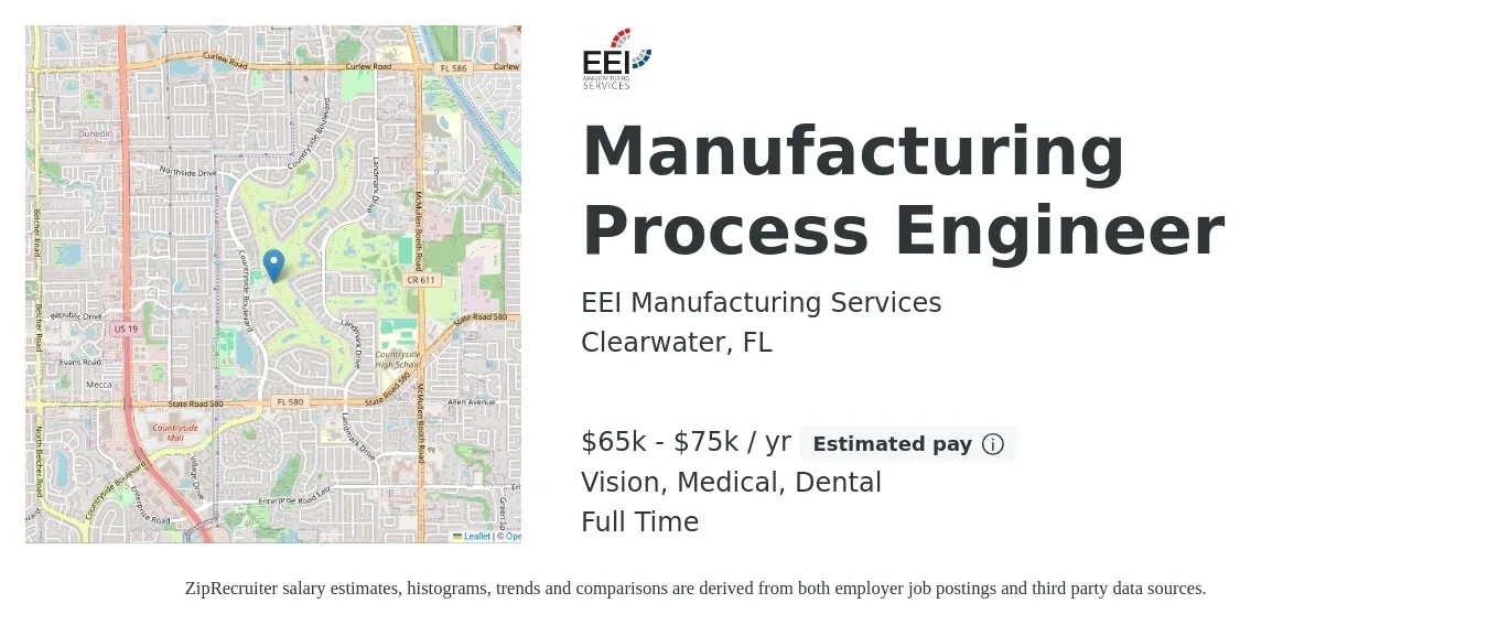 EEI Manufacturing Services job posting for a Manufacturing Process Engineer in Clearwater, FL with a salary of $65,000 to $75,000 Yearly and benefits including dental, life_insurance, medical, pto, retirement, and vision with a map of Clearwater location.