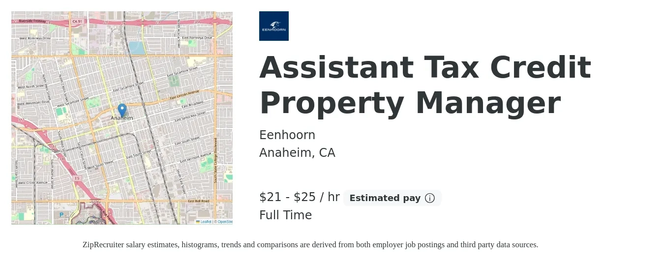 Eenhoorn job posting for a Assistant Tax Credit Property Manager in Anaheim, CA with a salary of $22 to $26 Hourly and benefits including dental, life_insurance, medical, retirement, and vision with a map of Anaheim location.