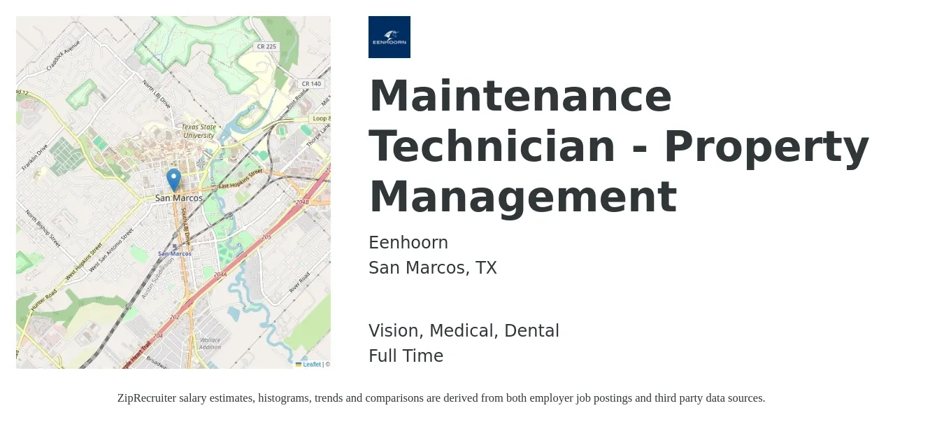 Eenhoorn job posting for a Maintenance Technician - Property Management in San Marcos, TX with a salary of $18 to $26 Hourly and benefits including vision, dental, life_insurance, medical, and retirement with a map of San Marcos location.