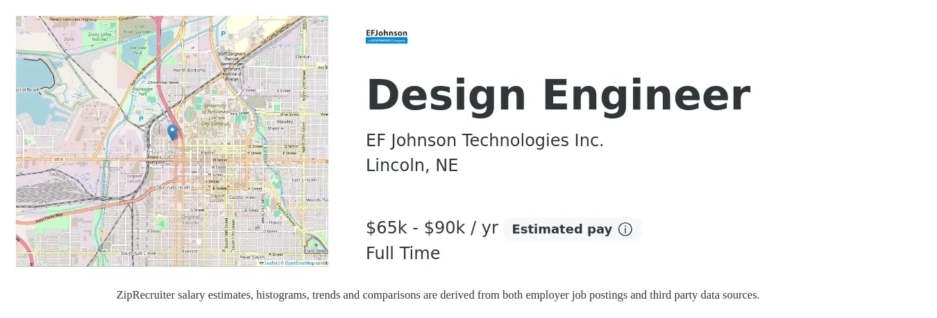 EF Johnson Technologies Inc. job posting for a Design Engineer in Lincoln, NE with a salary of $65,000 to $90,000 Yearly with a map of Lincoln location.