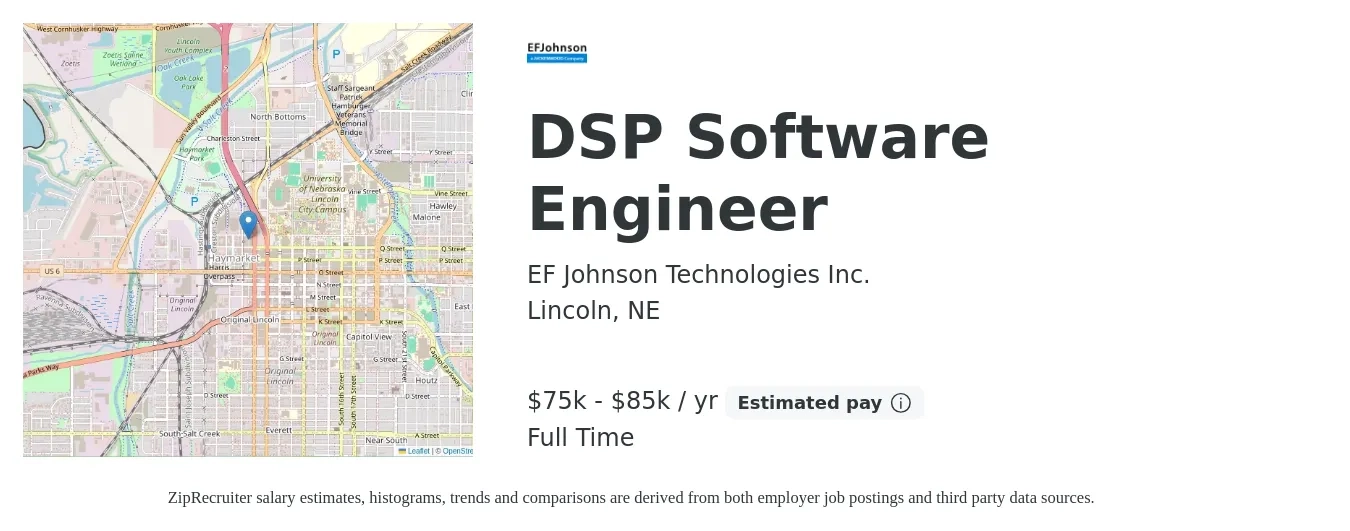 EF Johnson Technologies Inc. job posting for a DSP Software Engineer in Lincoln, NE with a salary of $75,000 to $85,000 Yearly with a map of Lincoln location.