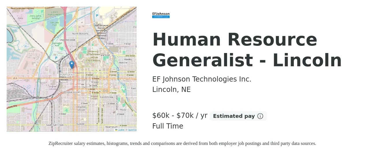 EF Johnson Technologies Inc. job posting for a Human Resource Generalist - Lincoln in Lincoln, NE with a salary of $60,000 to $70,000 Yearly with a map of Lincoln location.