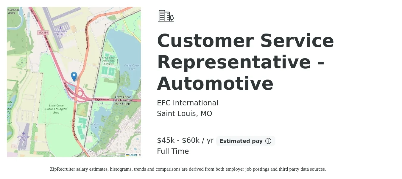 EFC International job posting for a Customer Service Representative - Automotive in Saint Louis, MO with a salary of $45,000 to $60,000 Yearly with a map of Saint Louis location.