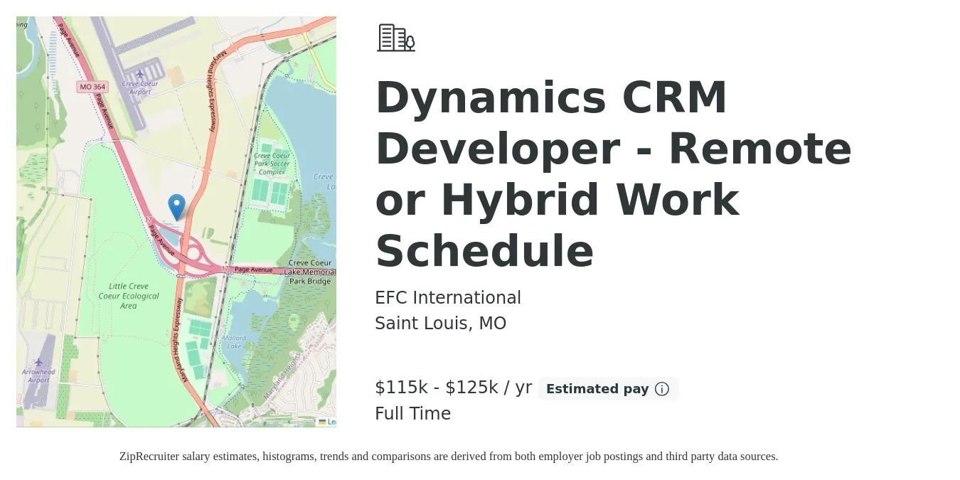 EFC International job posting for a Dynamics CRM Developer - Remote or Hybrid Work Schedule in Saint Louis, MO with a salary of $115,000 to $125,000 Yearly with a map of Saint Louis location.