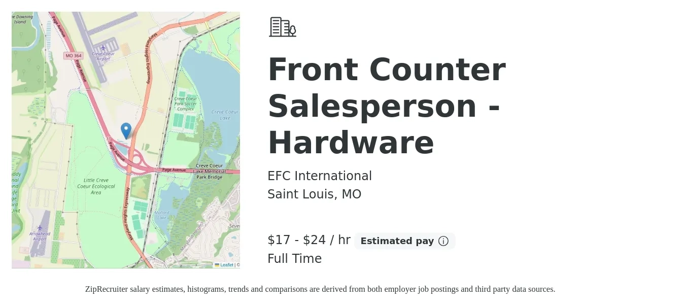 EFC International job posting for a Front Counter Salesperson - Hardware in Saint Louis, MO with a salary of $18 to $25 Hourly with a map of Saint Louis location.