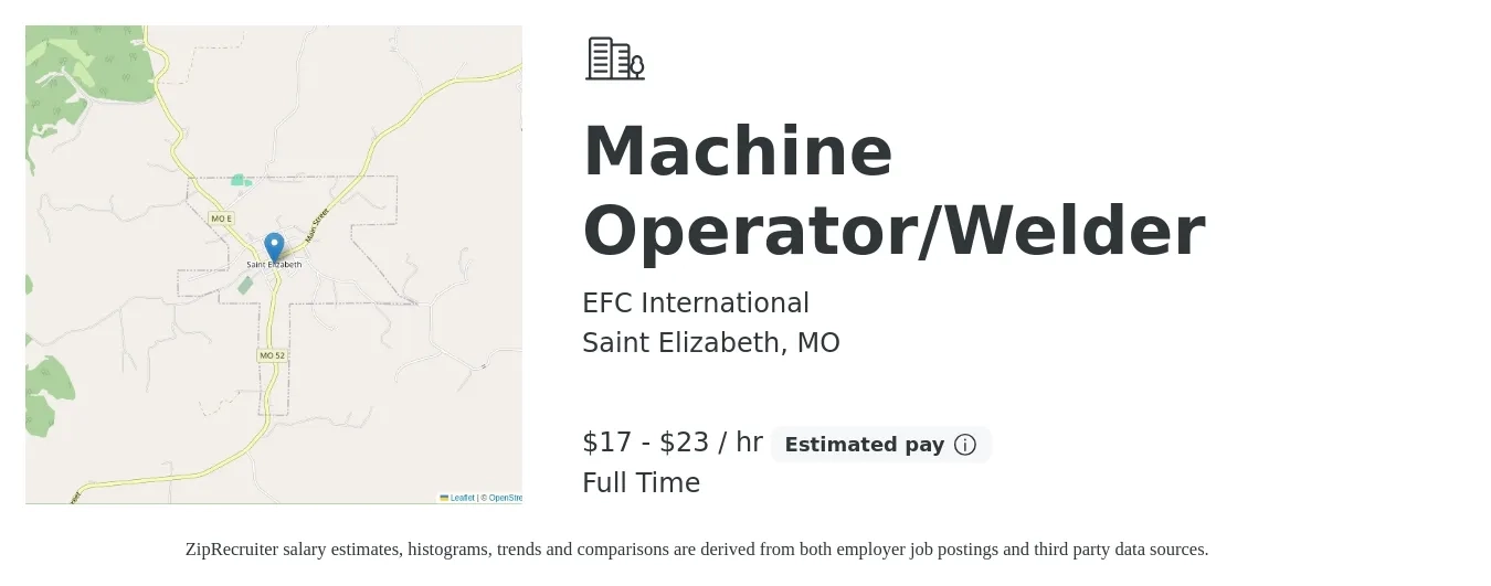EFC International job posting for a Machine Operator/Welder in Saint Elizabeth, MO with a salary of $18 to $24 Hourly with a map of Saint Elizabeth location.