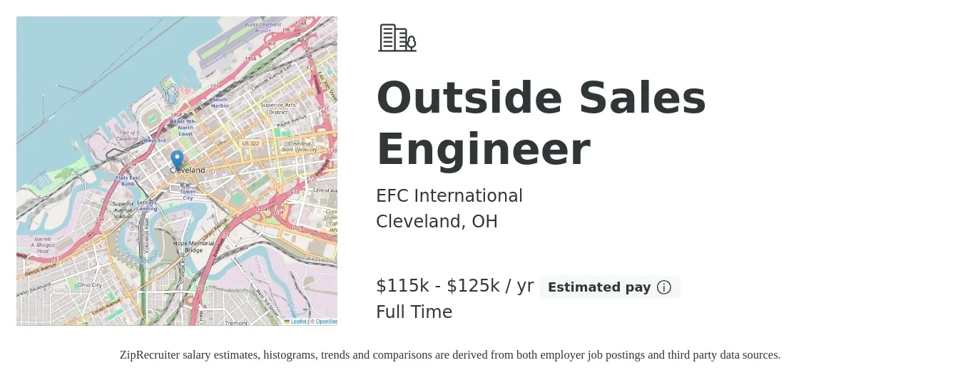EFC International job posting for a Outside Sales Engineer in Cleveland, OH with a salary of $115,000 to $125,000 Yearly with a map of Cleveland location.