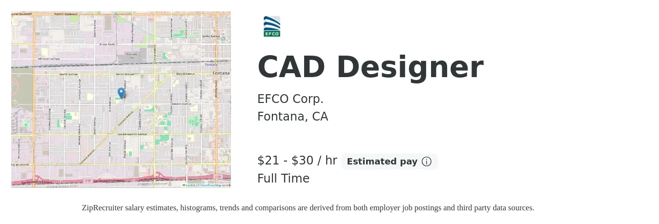EFCO Corp. job posting for a CAD Designer in Fontana, CA with a salary of $23 to $32 Hourly with a map of Fontana location.
