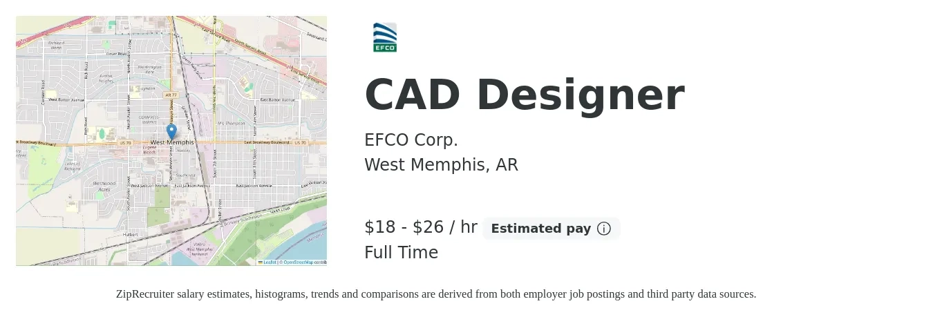 EFCO Corp. job posting for a CAD Designer in West Memphis, AR with a salary of $20 to $27 Hourly with a map of West Memphis location.