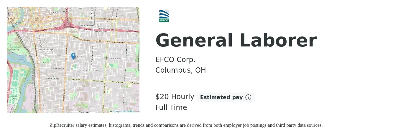 EFCO Corp. job posting for a General Laborer in Columbus, OH with a salary of $21 Hourly with a map of Columbus location.