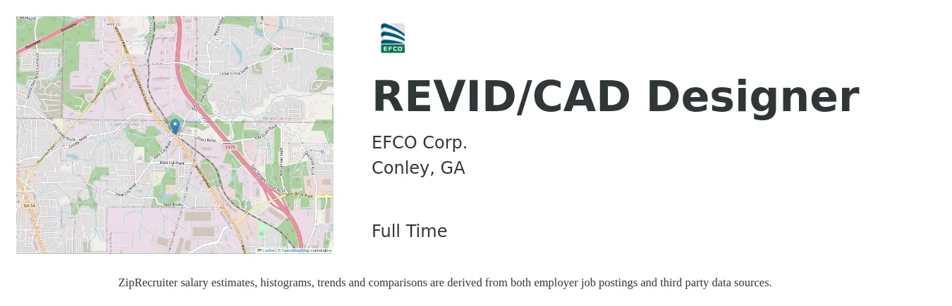 EFCO Corp. job posting for a REVID/CAD Designer in Conley, GA with a salary of $26 to $36 Hourly with a map of Conley location.
