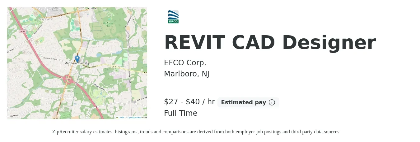 EFCO Corp. job posting for a REVIT CAD Designer in Marlboro, NJ with a salary of $28 to $42 Hourly with a map of Marlboro location.