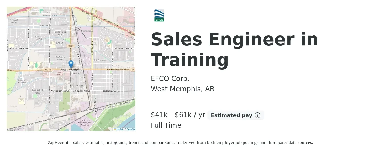 EFCO Corp. job posting for a Sales Engineer in Training in West Memphis, AR with a salary of $41,014 to $61,522 Yearly with a map of West Memphis location.