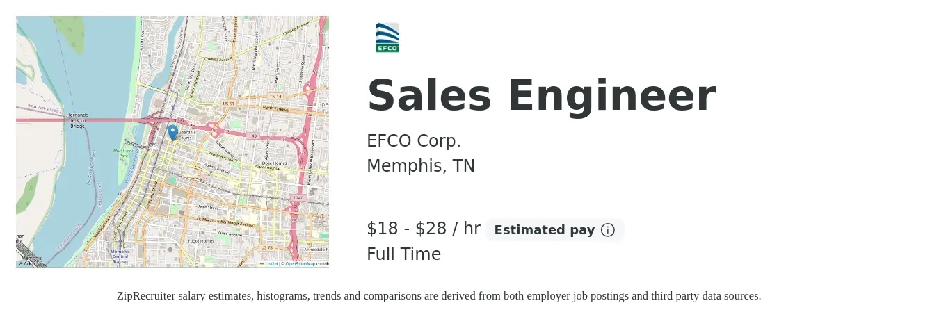 EFCO Corp. job posting for a Sales Engineer in Memphis, TN with a salary of $41,014 to $61,522 Yearly with a map of Memphis location.