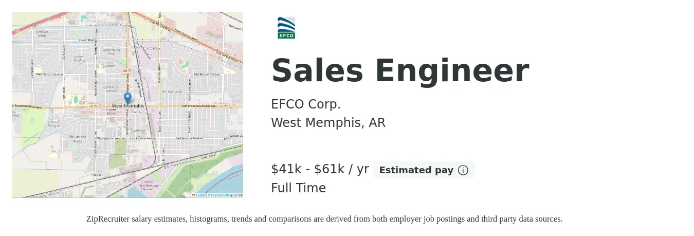 EFCO Corp. job posting for a Sales Engineer in West Memphis, AR with a salary of $41,014 to $61,522 Yearly with a map of West Memphis location.