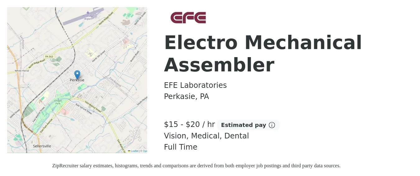 EFE Laboratories job posting for a Electro Mechanical Assembler in Perkasie, PA with a salary of $16 to $21 Hourly and benefits including dental, life_insurance, medical, retirement, and vision with a map of Perkasie location.