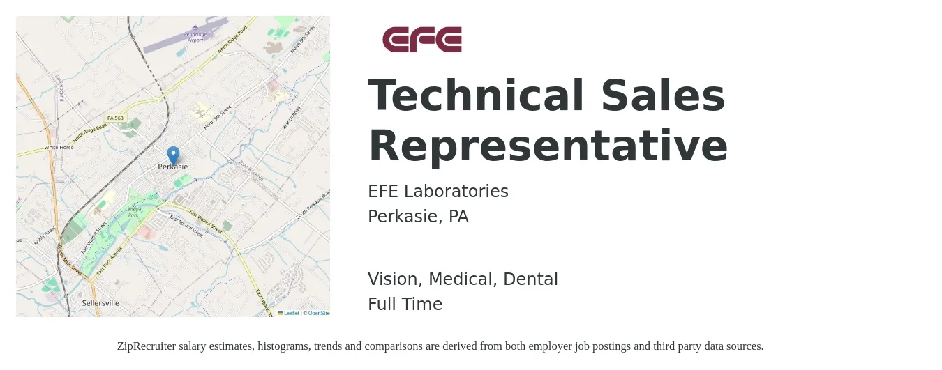 EFE Laboratories job posting for a Technical Sales Representative in Perkasie, PA with a salary of $59,900 to $86,100 Yearly and benefits including medical, retirement, vision, dental, and life_insurance with a map of Perkasie location.