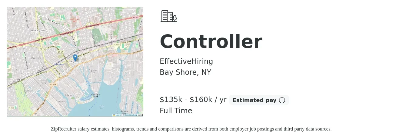 EffectiveHiring job posting for a Controller in Bay Shore, NY with a salary of $135,000 to $160,000 Yearly with a map of Bay Shore location.