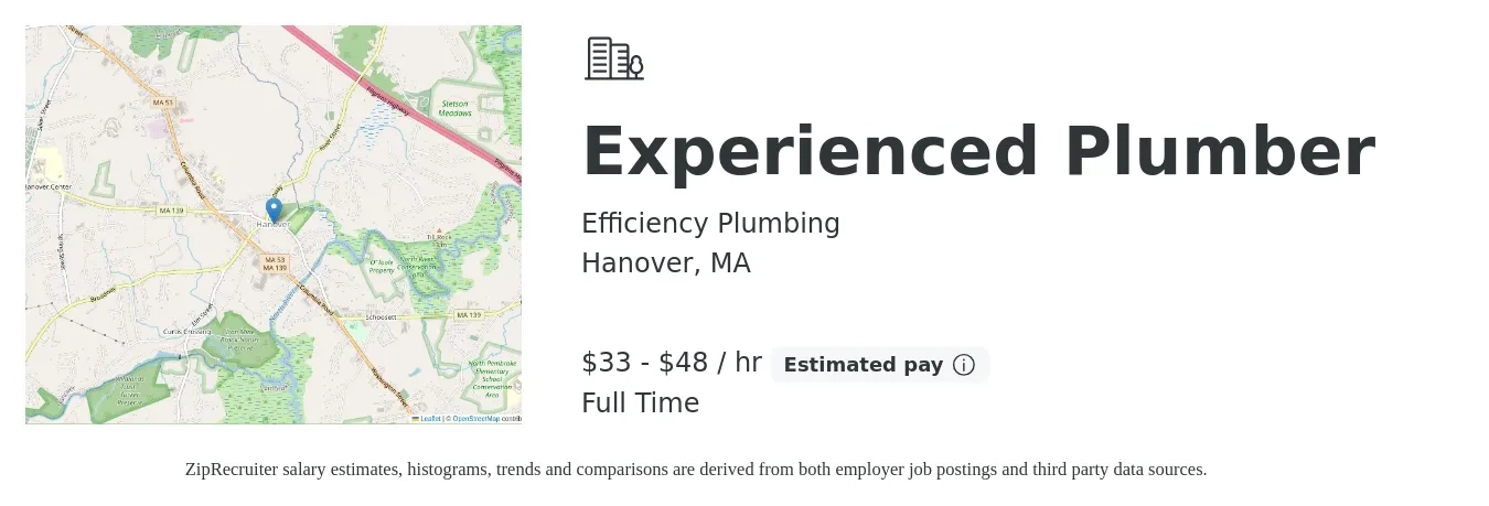 Efficiency Plumbing job posting for a Experienced Plumber in Hanover, MA with a salary of $35 to $50 Hourly with a map of Hanover location.
