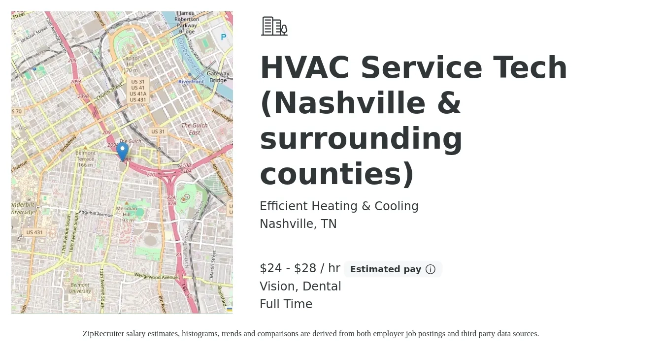Efficient Heating & Cooling job posting for a HVAC Service Tech (Nashville & surrounding counties) in Nashville, TN with a salary of $25 to $30 Hourly (plus commission) and benefits including dental, life_insurance, and vision with a map of Nashville location.