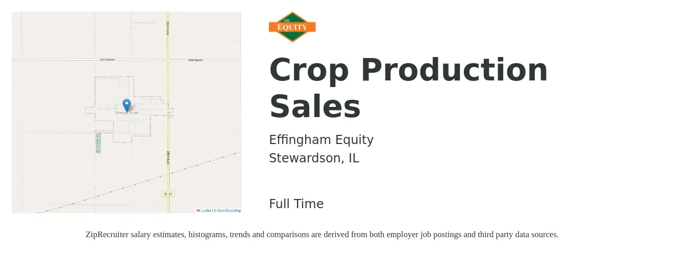 Effingham Equity job posting for a Crop Production Sales in Stewardson, IL with a salary of $56,400 to $64,400 Yearly with a map of Stewardson location.