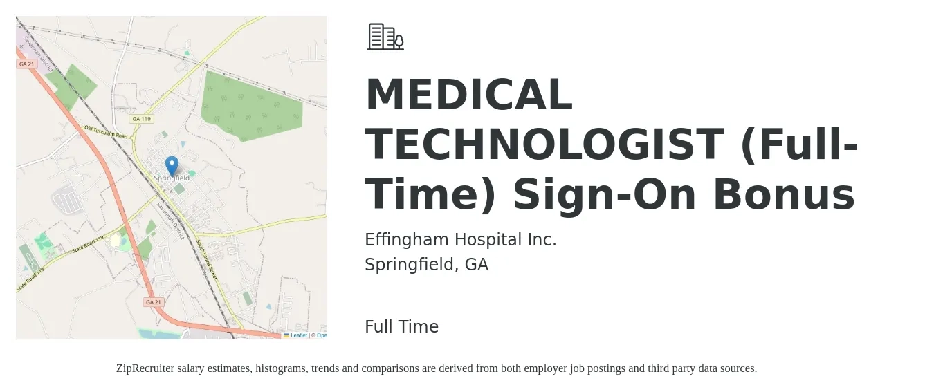 Effingham Hospital Inc. job posting for a Medical Technologist (Full-Time) Sign-On Bonus in Springfield, GA with a salary of $20 to $38 Hourly with a map of Springfield location.