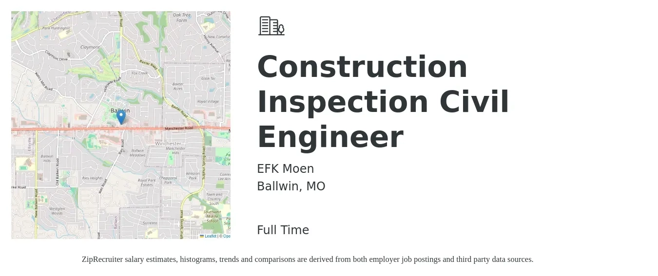 EFK Moen job posting for a Construction Inspection Civil Engineer in Ballwin, MO with a salary of $65,500 to $95,600 Yearly with a map of Ballwin location.