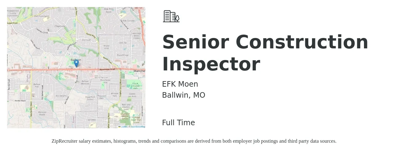 EFK Moen job posting for a Senior Construction Inspector in Ballwin, MO with a salary of $52,900 to $91,300 Yearly with a map of Ballwin location.