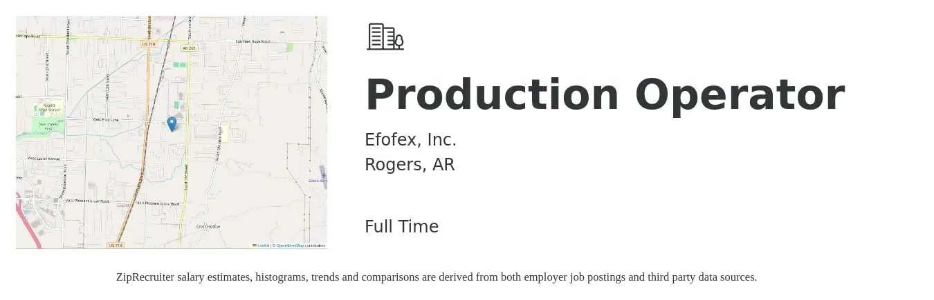 Efofex, Inc. job posting for a Production Operator in Rogers, AR with a salary of $14 to $17 Hourly with a map of Rogers location.