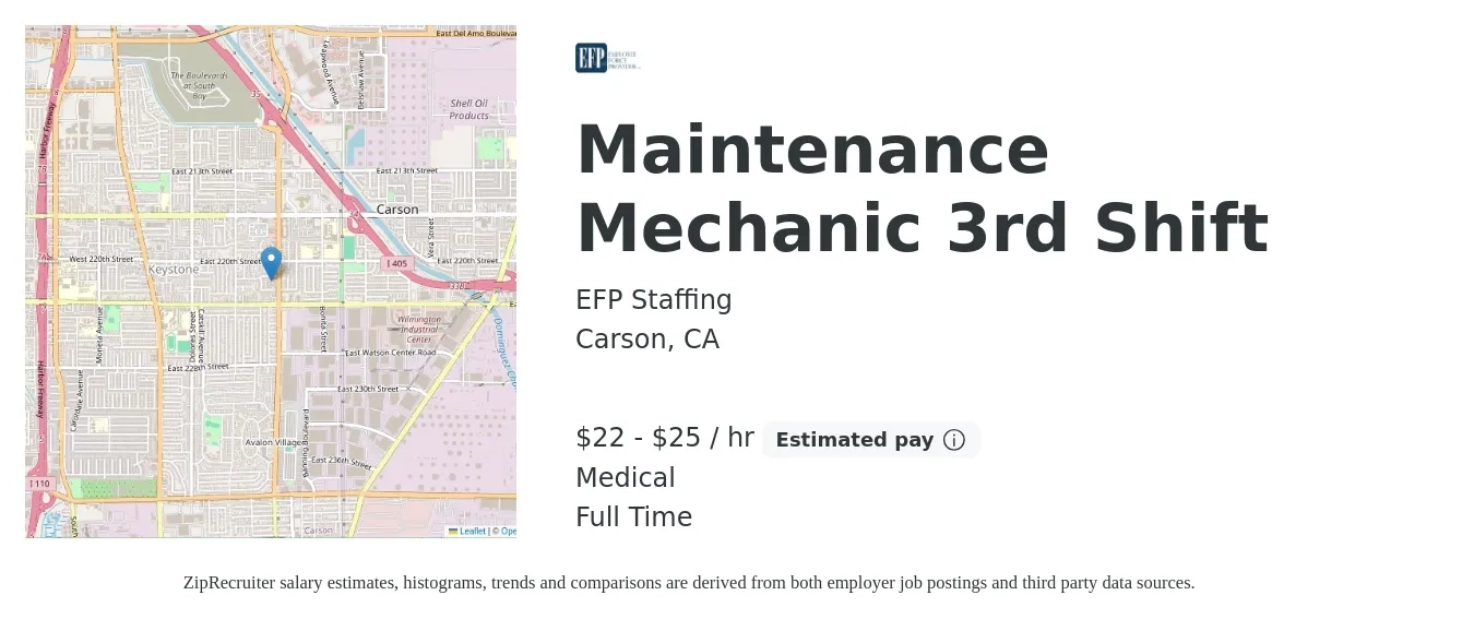 EFP Staffing job posting for a Maintenance Mechanic 3rd Shift in Carson, CA with a salary of $23 to $27 Hourly and benefits including medical with a map of Carson location.