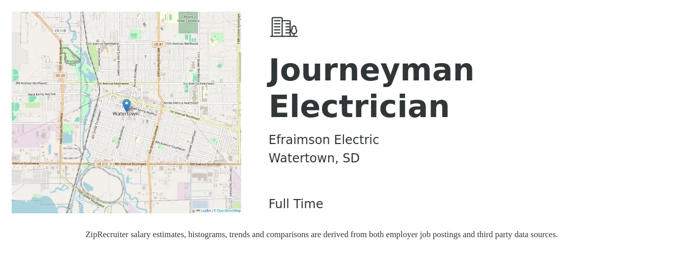 Efraimson Electric job posting for a Journeyman Electrician in Watertown, SD with a salary of $26 to $36 Hourly with a map of Watertown location.