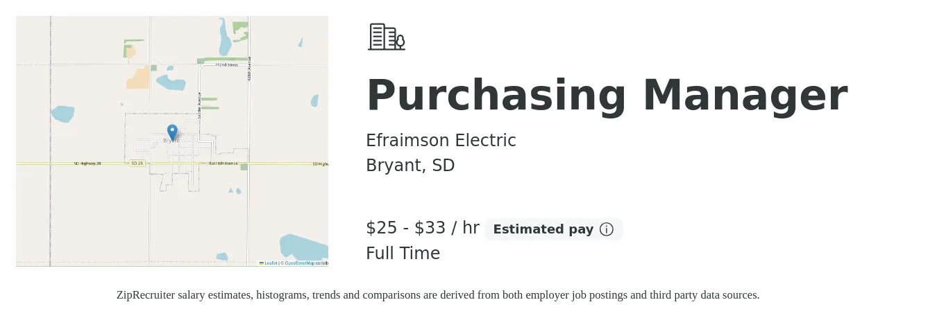 Efraimson Electric, Inc. job posting for a Purchasing Manager in Bryant, SD with a salary of $27 to $35 Hourly with a map of Bryant location.