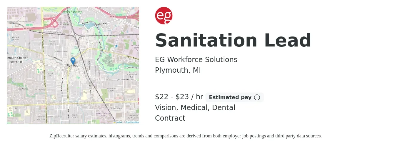 EG Workforce Solutions job posting for a Sanitation Lead in Plymouth, MI with a salary of $23 to $24 Hourly and benefits including life_insurance, medical, retirement, vision, and dental with a map of Plymouth location.