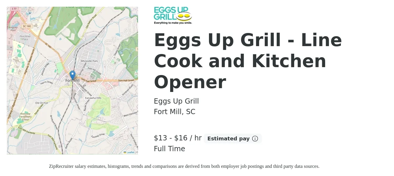 Eggs Up Grill job posting for a Eggs Up Grill - Line Cook and Kitchen Opener in Fort Mill, SC with a salary of $14 to $17 Hourly and benefits including pto with a map of Fort Mill location.