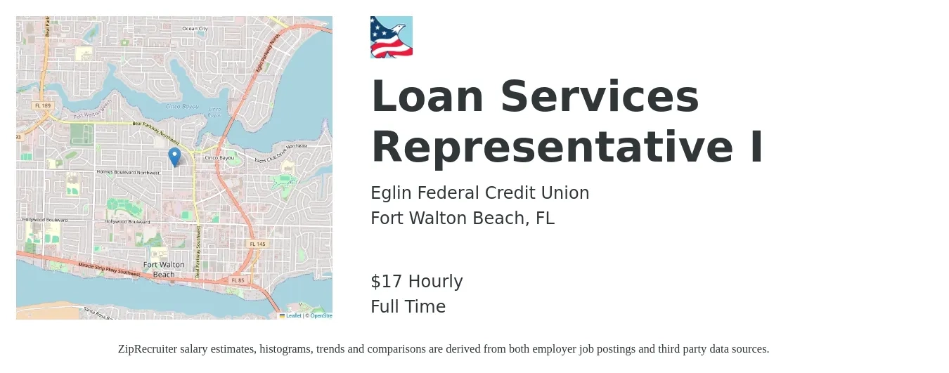 Eglin Federal Credit Union job posting for a Loan Services Representative I in Fort Walton Beach, FL with a salary of $18 Hourly with a map of Fort Walton Beach location.
