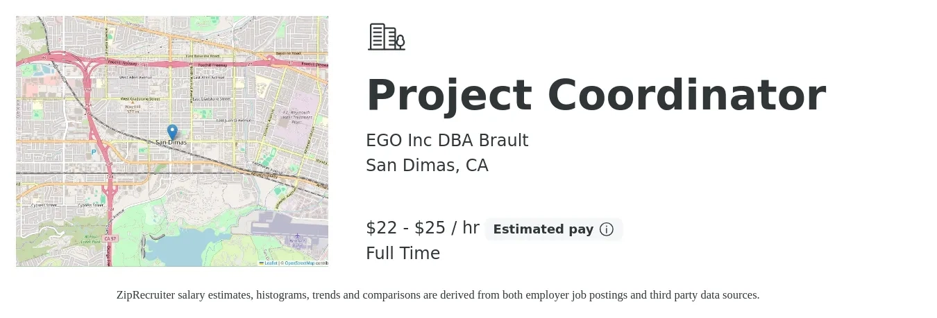 EGO Inc DBA Brault job posting for a Project Coordinator in San Dimas, CA with a salary of $23 to $27 Hourly with a map of San Dimas location.