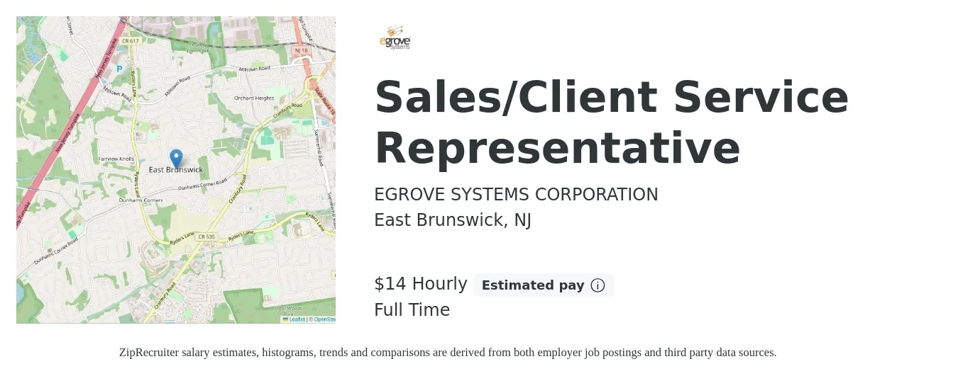 EGROVE SYSTEMS CORPORATION job posting for a Sales/Client Service Representative in East Brunswick, NJ with a salary of $15 Hourly with a map of East Brunswick location.