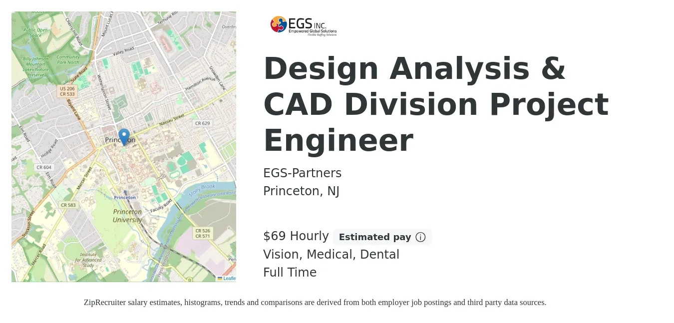 EGS-Partners job posting for a Design Analysis & CAD Division Project Engineer in Princeton, NJ with a salary of $72 Hourly and benefits including retirement, vision, dental, life_insurance, medical, and pto with a map of Princeton location.