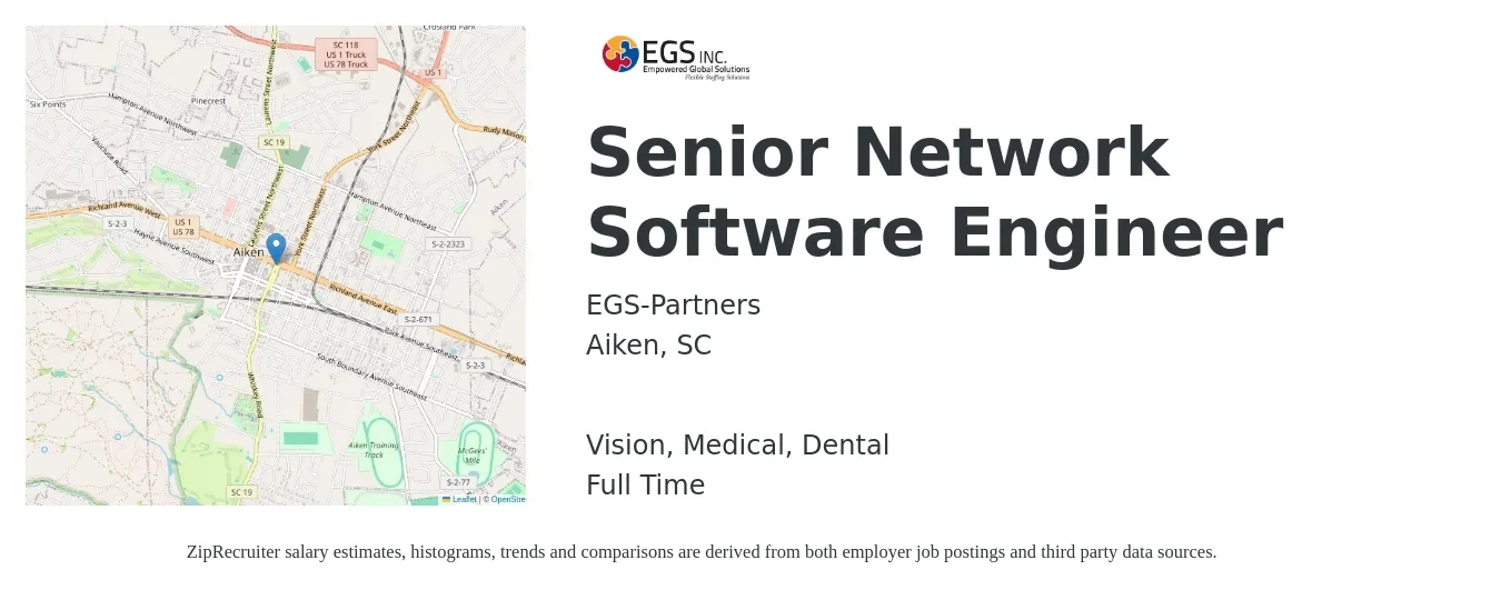 EGS-Partners job posting for a Senior Network Software Engineer in Aiken, SC with a salary of $88,500 to $121,300 Yearly and benefits including life_insurance, medical, pto, retirement, vision, and dental with a map of Aiken location.