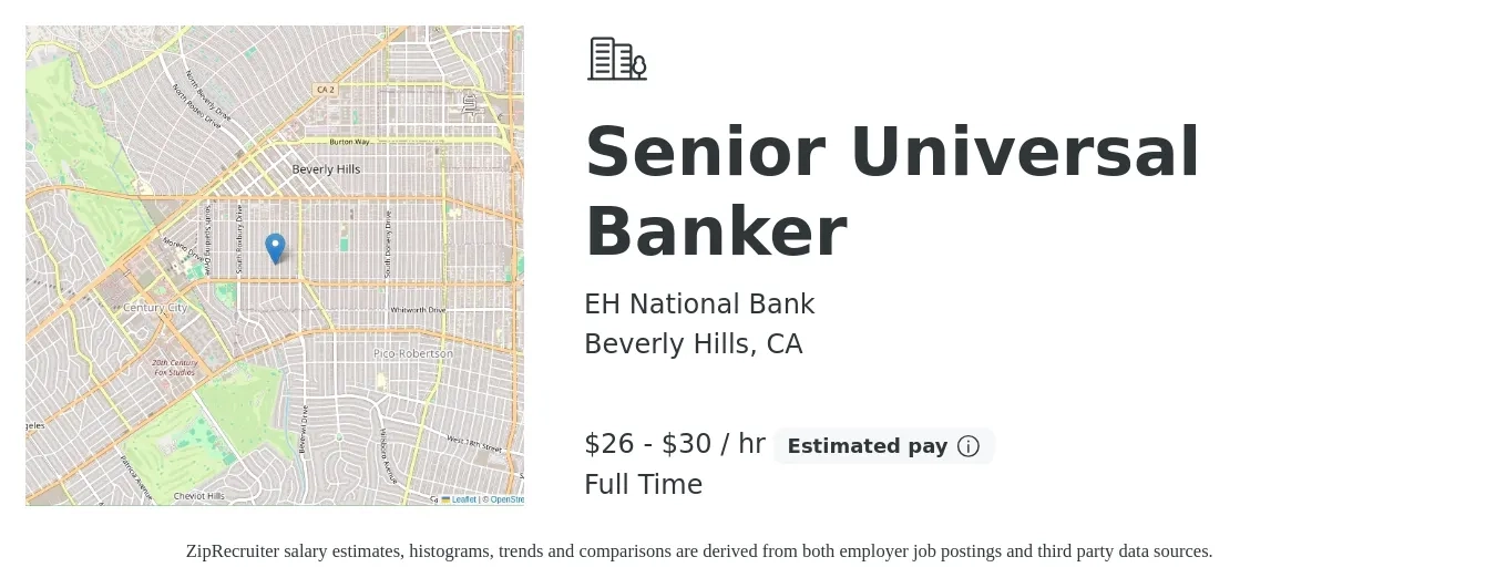 EH National Bank job posting for a Senior Universal Banker in Beverly Hills, CA with a salary of $28 to $32 Hourly with a map of Beverly Hills location.