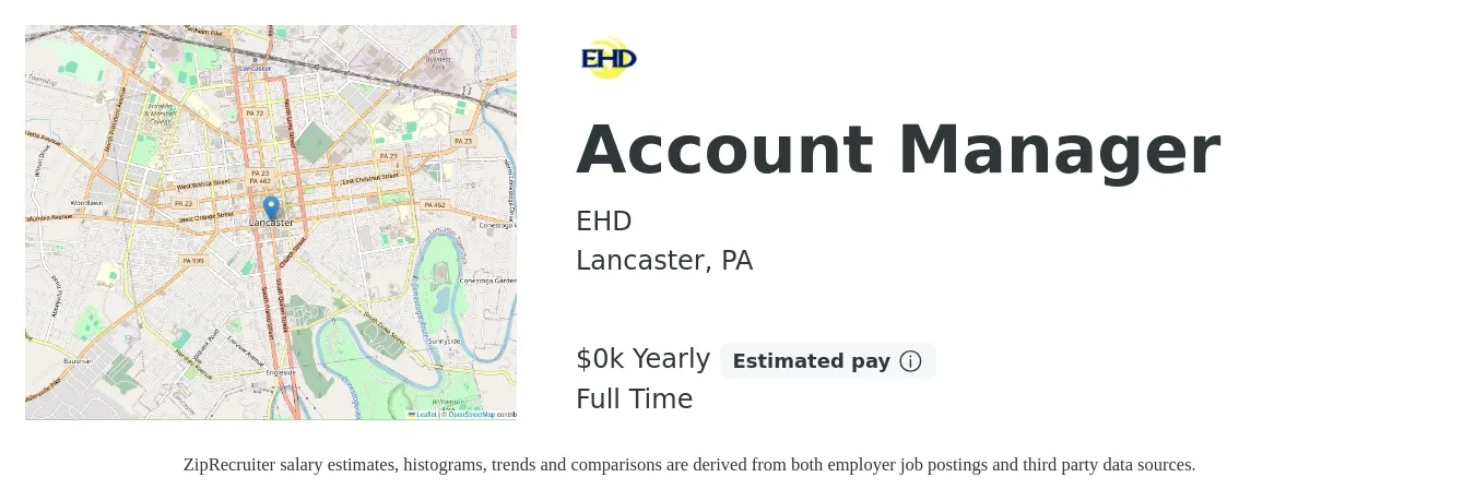 EHD job posting for a Account Manager in Lancaster, PA with a salary of $1 to $2 Yearly with a map of Lancaster location.