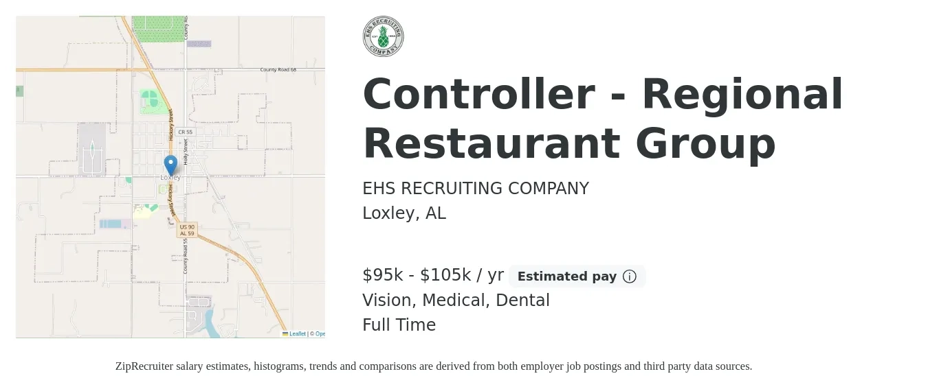 EHS RECRUITING COMPANY job posting for a Controller - Regional Restaurant Group in Loxley, AL with a salary of $95,000 to $105,000 Yearly and benefits including dental, life_insurance, medical, pto, retirement, and vision with a map of Loxley location.