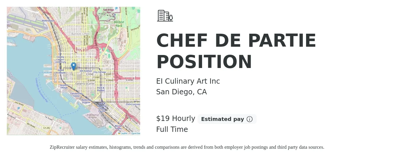 EI Culinary Art Inc job posting for a CHEF DE PARTIE POSITION in San Diego, CA with a salary of $20 Hourly with a map of San Diego location.