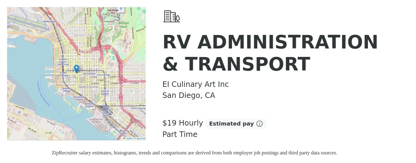 EI Culinary Art Inc job posting for a RV ADMINISTRATION & TRANSPORT in San Diego, CA with a salary of $20 Hourly with a map of San Diego location.