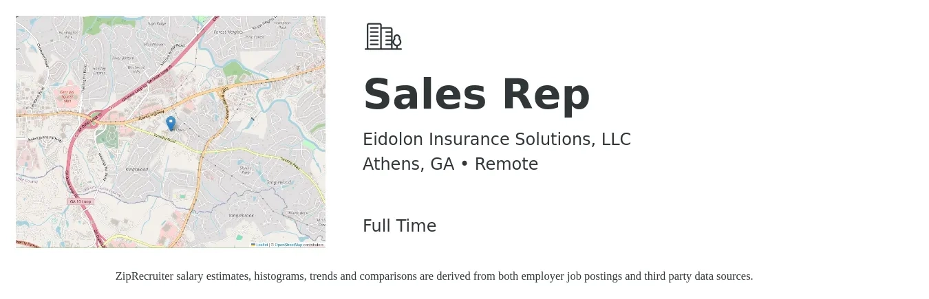 Eidolon Insurance Solutions, LLC job posting for a Sales Rep in Athens, GA with a salary of $51,700 to $89,800 Yearly with a map of Athens location.