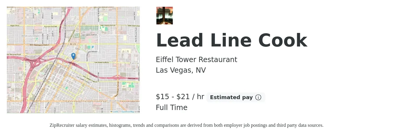 Eiffel Tower Restaurant job posting for a Lead Line Cook in Las Vegas, NV with a salary of $16 to $22 Hourly with a map of Las Vegas location.